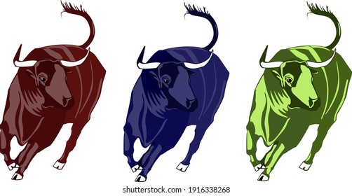 Set of three detailed spanish fighting bulls in shades of red, green and blue. For corrida design and other decoration