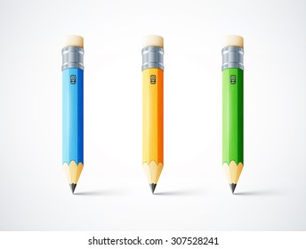 Set of three detailed wooden sharp pencils on white background. eps10 vector illustration
