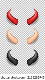 Set of three devil horns. 3D red, beige and black glossy daemon horns isolated on transparent background. Satan decoration, Monster carnival element. Vector illustration EPS 10