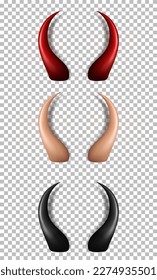 Set of three devil horns. 3D red, beige and black glossy daemon horns isolated on transparent background. Satan decoration, Monster carnival element. Vector illustration EPS 10