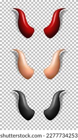Set of three devil horns. 3D red, beige and black glossy daemon horns isolated on transparent background. Satan decoration, Monster carnival element. Vector illustration EPS 10
