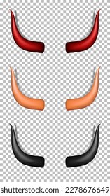 Set of three devil horns. 3D red, beige and black glossy daemon horns isolated on transparent background. Satan decoration, Monster carnival element. Vector illustration EPS 10