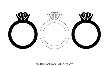 Set of three diamond engagement ring icons in silhouette and outline style