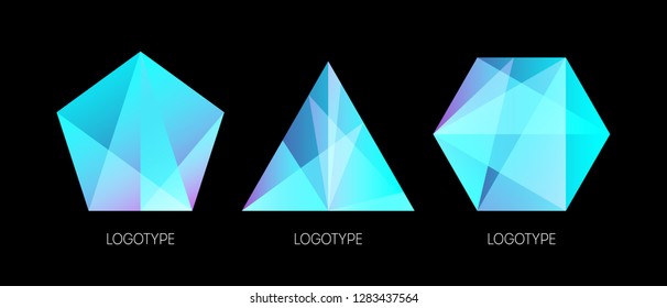 Set of three diamond logotypes. Colorful abstract glass gemstones crystals set in hipster polygonal style