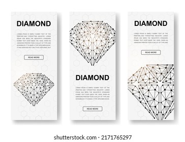 Set of three Diamond polygonal vertical banners. 3d Jewelry low poly symbols with connected dots. Vertical illustration for homepage design.
