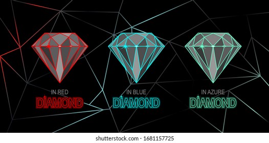 Set of three diamonds on a black background with a colored neon outline isolated. Vector illustration.
