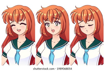Set of three different anime emotions. Happy, scared and sad. Girl with red hair and big anime green eyes wearing japanese school uniform. svg