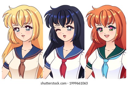 Conjunto de tres emociones anime diferentes. Tres chicas de anime diferentes con uniforme escolar japonés.