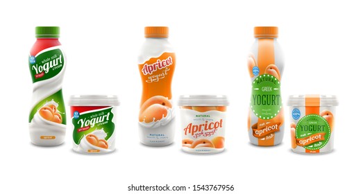 Set of three different apricot yogurt packaging designs. Isolated on white background. Ready for branding, product promotion and advertising company desing. 