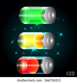 a set of three different battery indicator, measuring, bright, vector EPS 10