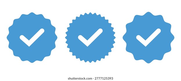 A set of three different blue verified check mark icons with wavy and serrated edges isolated on a white background for social media profile verification.