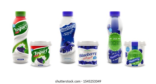 Set of three different blueberry yogurt packaging designs. Isolated on white background. Ready for branding, product promotion and advertising company desing. 