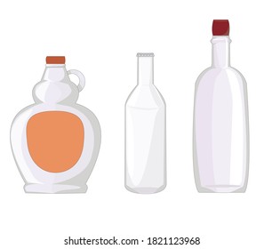 set of three different bottles: for syrups and butter, for beer, milk and soda, and for wine or spirits. home stuff. glass production. containers for liquid. dishes of different shapes. 