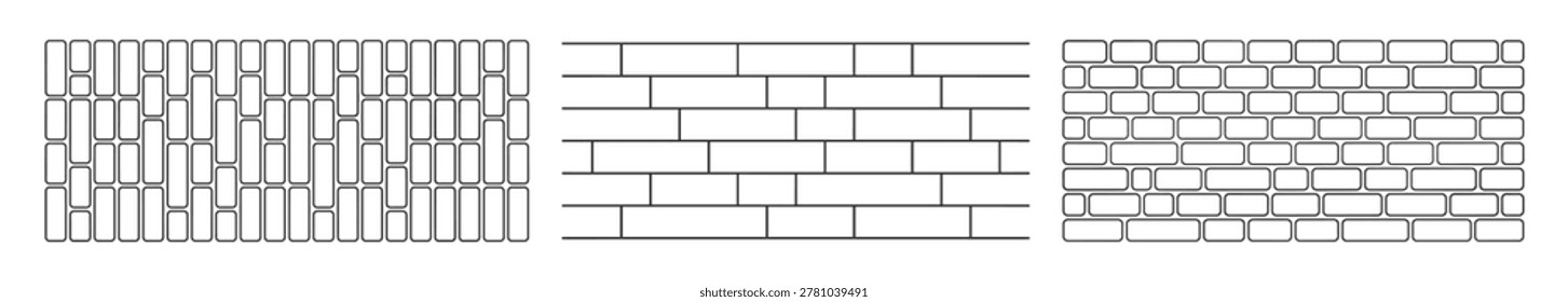 set of three different brick wall patterns outline vector illustration on transparent background