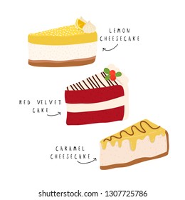 set of three different cake slices on white background. Lemon cake, red velvet cake and caramel cheesecake illustrations