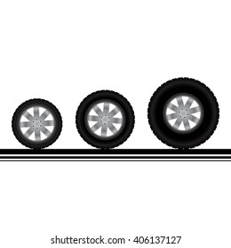 Set of three different car or truck wheels with tire tracks