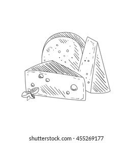 Set Of Three Different Cheeses Hand Drawn Realistic Sketch