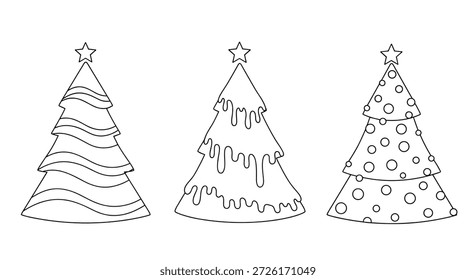 Conjunto de três diferentes desenhos de árvore de Natal em estilo de arte em linha com estrelas em cima e vários padrões decorativos para coloração de férias.