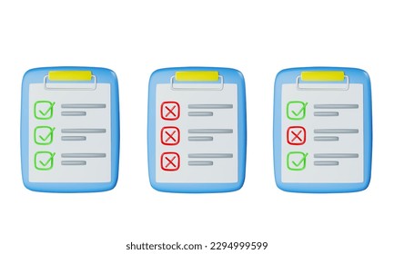 a set of three different clipboards with a to-do list or tasks with completed and unfulfilled plans. front view. vector 3d illustration
