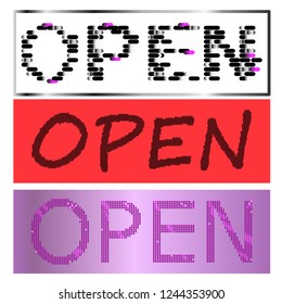 Set of three different color signs Open.Halftone effect text on white,red and purple backgrounds. Vector illustration