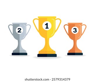 Set of three different color trophy cups with positions flat vector design on white background. trophy for 1st - 2nd - 3rd place. first place winner, contest winner