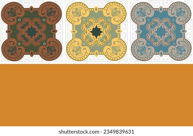 Set of three different colored baroque tiles on top of empty orange rectangle