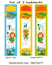 Set of three different colored bookmarks with cheerful little magic fairies and their friends. Funny mosquito. Vector kawaii character in the Japanese style. Cartoon.