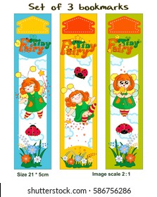 Set of three different colored bookmarks with cheerful little magic fairies and their friends. Funny ladybird. Vector kawaii character in the Japanese style. Cartoon.