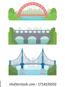 Set of three different colorful bridges with landscapes, isolated on white background