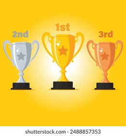 Set of three different colors of trophy cups with positions flat vector illustration design.