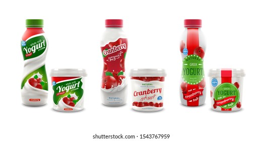 Set of three different cranberry yogurt packaging designs. Isolated on white background. Ready for branding, product promotion and advertising company desing. 