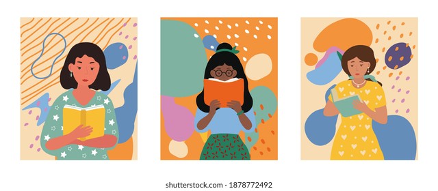 Set Of Three Different Designs With Multiracial Girls Reading Books In A Vertical Triptych With White Border, Flat Cartoon Colored Vector Illustration