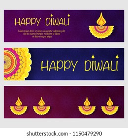 Set of three different diwali banners with patterns and text