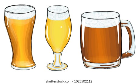 a set of three different drinks, a glass, a jar and a mug of light, medium and dark beer with foam