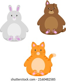 A set three different fat stuffed animals sitting   looking straight  Cat  dog   rabbit  Flat vector illustration isolated white background