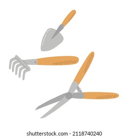 A set of three different garden items, isolated against a white background. Garden tools: scissors, shovels, rakes. Flat illustration of garden objects. Vector Illustration.