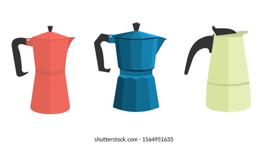 a set of three different geyser Italian coffee makers in a flat style. in different colors. red, green and blue. Vector illustration