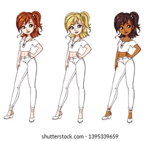 Set of three different girls wearing jeans and shirt. Colored body with white costume. Hand drawn cartoon illustration. Can be used for coloring books, paper dolls, mobile games, study etc.