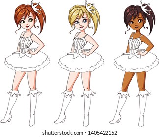 Set of three different girls wearing Christmas elf costume. Colored body with white costume. Hand drawn cartoon illustration. Can be used for coloring books, paper dolls, mobile games, study etc.