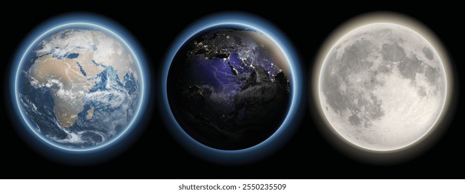 Set of  three different globes on a black background. Earth, night Earth and Moon.Realistic illustration.