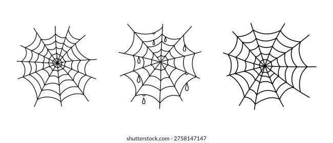 Set of three different hand drawn spider webs with water drops. Cobweb collection for Halloween and spooky autumn design projects. Outline spiderwebs set.