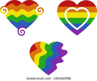 Set of three different hearts in the colors of the flag lgbt (rainbow), vector graphics, vector illustration