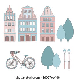 Set of three different home, bike and trees. Manual feed, drawn in vector. cute colors.