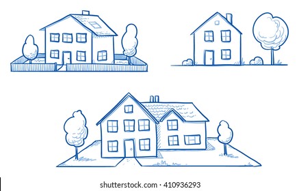 Set of three different houses, detached, single family houses with gardens. Hand drawn cartoon vector illustration.