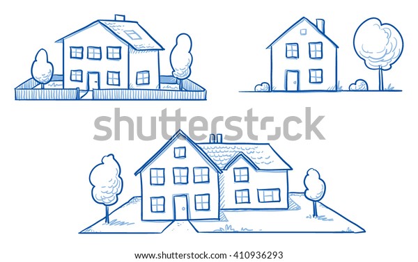 庭と一戸建ての3つの家のセット 手描きのカートーンベクターイラスト のベクター画像素材 ロイヤリティフリー
