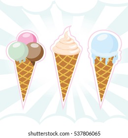 Set of three different ice cream in waffle cone. Sweet and delicious desserts. Vector illustration