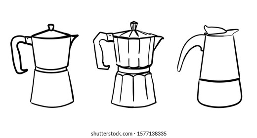 a set of three different Italian geyser doodle coffee makers. Vector hand drawn illustration