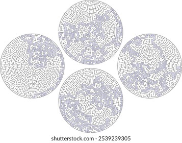 Conjunto de tres laberintos complejos Grandes redondos diferentes. Vector planeta como laberintos circulares. Difícil rompecabezas de la educación con la tarea de buscar salida o encontrar el camino al centro del laberinto. Solución incluida.