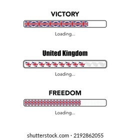 Set of three different loading progress bars with United Kingdom national color flag and design elements