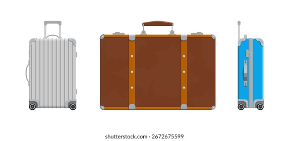 Conjunto de três tipos diferentes de bagagem. Coleção de sacos de viagem, incluindo mala com rodas moderna e vintage tronco. Vetor de estilo plano para planejamento de viagem.